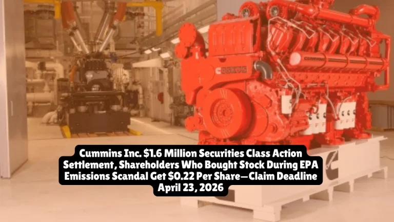 Cummins Inc. $1.6 Million Securities Class Action Settlement, Shareholders Who Bought Stock During EPA Emissions Scandal Get $0.22 Per Share—Claim Deadline April 23, 2026