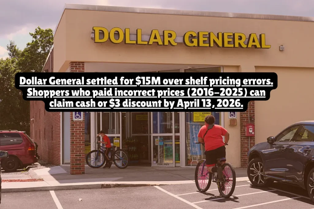 Dollar General agreed to pay $15 million to settle allegations that it charged customers different prices at checkout than those displayed on store shelves. The class action lawsuit—Braun v. Dolgencorp LLC—claimed this practice violated consumer protection laws across the United States. If you purchased merchandise at any Dollar General store between October 10, 2016, and November 19, 2025, and paid more or less than the advertised shelf price, you can submit a claim for cash compensation or register for a $3 in-store discount. The deadline to file your claim is April 13, 2026, and the final approval hearing is scheduled for May 21, 2026.