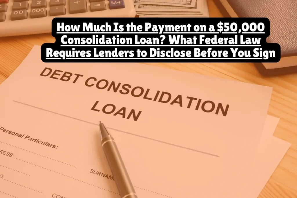 Monthly payments on a $50,000 consolidation loan typically range from $450 to $1,100 depending on your interest rate, loan term, and fees—but here's what matters more: federal law requires lenders to disclose your exact payment amount, APR, and total interest cost before you sign. According to the Consumer Financial Protection Bureau, lenders who fail to provide these mandatory Truth in Lending Act disclosures face enforcement actions, and you have the right to receive this information in writing before committing to any loan.