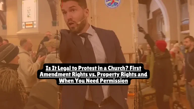 Protesting in a church is legal under the First Amendment when conducted on public property outside the church building or on church property with permission. However, protesting inside a church building without permission may violate trespassing laws, disorderly conduct statutes, or the federal FACE Act. The legality depends on location (public vs. private property), whether you have permission, whether your conduct is peaceful, and applicable federal and state laws.