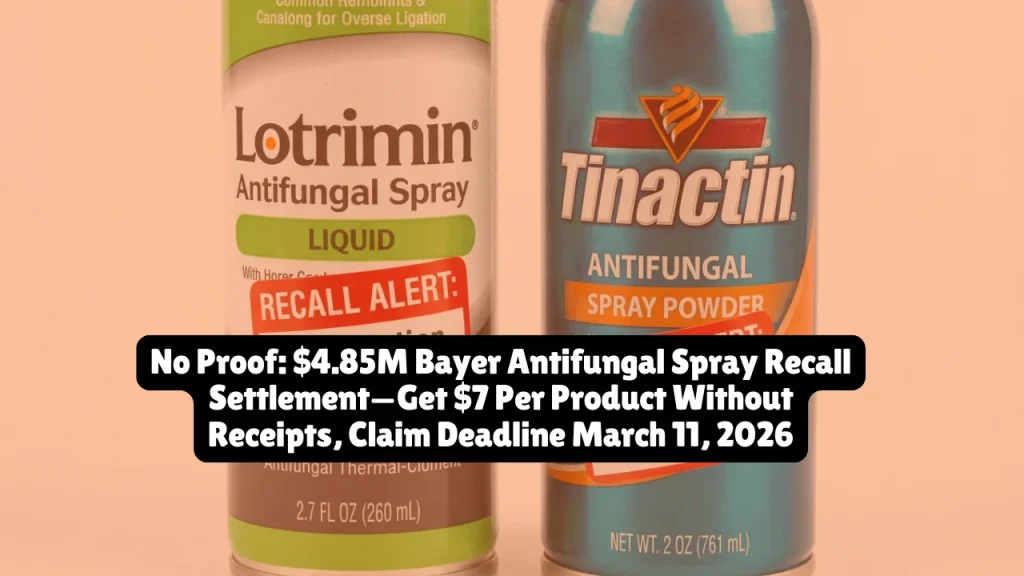 Bayer agreed to a $4.85 million settlement for consumers who purchased Lotrimin or Tinactin antifungal spray products recalled in October 2021 due to benzene contamination. Eligible purchasers can claim up to $21 ($7 per product for three items) without proof of purchase, or full refunds with receipts. The claim deadline is March 11, 2026, and no proof is required for no-receipt claims.