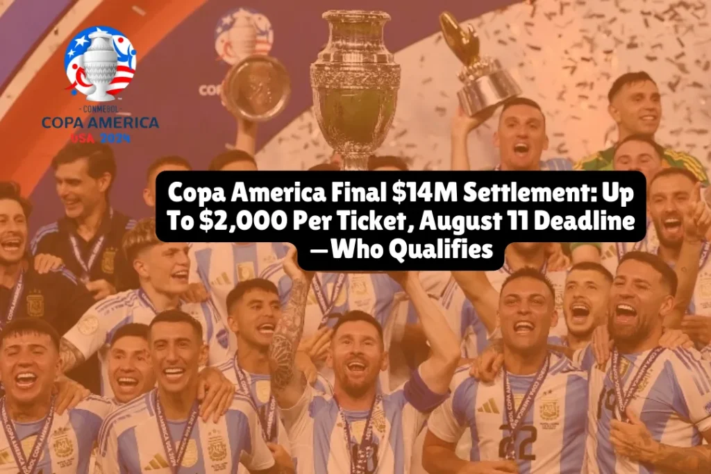Fans denied entry or full access to the July 14, 2024 Copa America final at Hard Rock Stadium can claim up to $2,000 per ticket from a $14 million settlement. The final payout is dependent on the number of people who submit claims. The claim deadline is August 11, 2026.