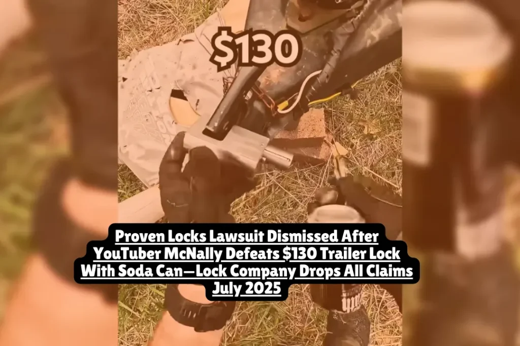 Proven Industries voluntarily dismissed its eight-count federal lawsuit against lockpicking YouTuber Trevor McNally in July 2025, just weeks after a Florida judge denied their emergency motion for a preliminary injunction. The company sued McNally in May 2025 (Case No. 8:25-cv-01119) for copyright infringement, defamation, and six other claims after he demonstrated on video how to bypass their $130 trailer hitch lock using a strip of aluminum from a soda can. No settlement was reached, no compensation is available, and McNally was never found liable for any allegations.