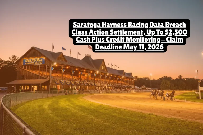 Are you affected by the Saratoga Harness Racing data breach? If you received notice that your personal information was compromised in the November 2024 cyberattack, you can claim up to $2,500 in cash plus one year of three-bureau credit monitoring from the class action settlement—but you must file by May 11, 2026. Approximately 20,866 customers and employees had their sensitive data accessed when unauthorized actors breached Saratoga Harness Racing's systems between October 31 and November 1, 2024. The settlement in Myers et al. v. Saratoga Harness Racing Inc. offers two cash payment options plus identity theft protection services for all affected U.S. residents.Are you affected by the Saratoga Harness Racing data breach? If you received notice that your personal information was compromised in the November 2024 cyberattack, you can claim up to $2,500 in cash plus one year of three-bureau credit monitoring from the class action settlement—but you must file by May 11, 2026. Approximately 20,866 customers and employees had their sensitive data accessed when unauthorized actors breached Saratoga Harness Racing's systems between October 31 and November 1, 2024. The settlement in Myers et al. v. Saratoga Harness Racing Inc. offers two cash payment options plus identity theft protection services for all affected U.S. residents.