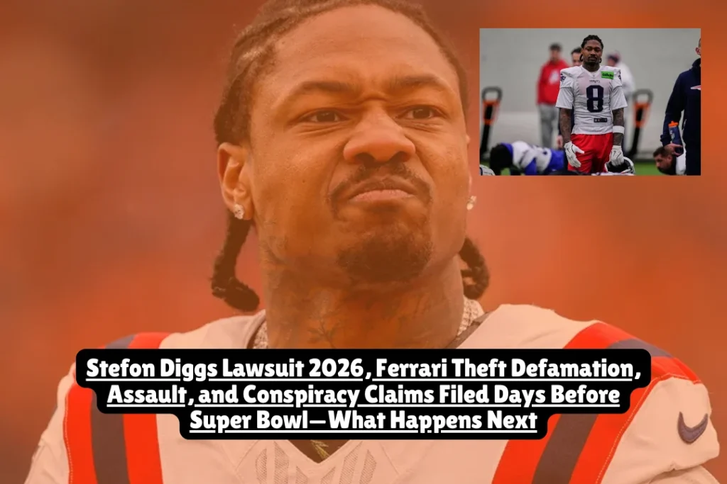 New England Patriots wide receiver Stefon Diggs faces a civil lawsuit filed February 3, 2026, in Miami-Dade County alleging defamation, assault, and conspiracy tied to a stolen Ferrari and a December 2025 nightclub altercation. The lawsuit was filed just days before Super Bowl LX.