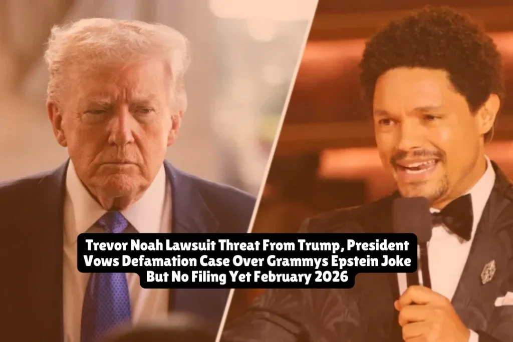 President Donald Trump threatened to sue Trevor Noah after the comedian joked during the February 1, 2026 Grammy Awards that Trump needed a new island to hang out with Bill Clinton since Jeffrey Epstein's island is gone. As of February 2, 2026, no lawsuit has been filed in any court. Trump's Truth Social threat remains just that—a threat—despite claiming he'll sue for "plenty$" over defamation.