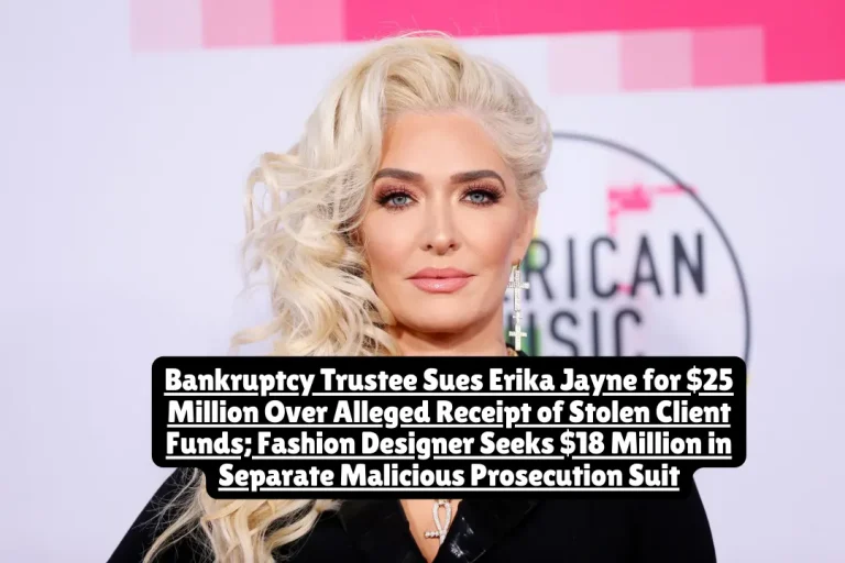Bankruptcy Trustee Sues Erika Jayne for $25 Million Over Alleged Receipt of Stolen Client Funds Fashion Designer Seeks $18 Million in Separate Malicious Prosecution Suit