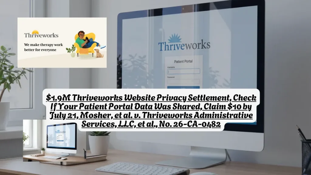 $1.9M Thriveworks Website Privacy Settlement, Check If Your Patient Portal Data Was Shared, Claim $10 by July 21, Mosher, et al. v. Thriveworks Administrative Services, LLC, et al., No. 26-CA-0482 1 $1.9M Thriveworks Website Privacy Settlement, Check If Your Patient Portal Data Was Shared, Claim $10 by July 21, Mosher, et al. v. Thriveworks Administrative Services, LLC, et al., No. 26-CA-0482
