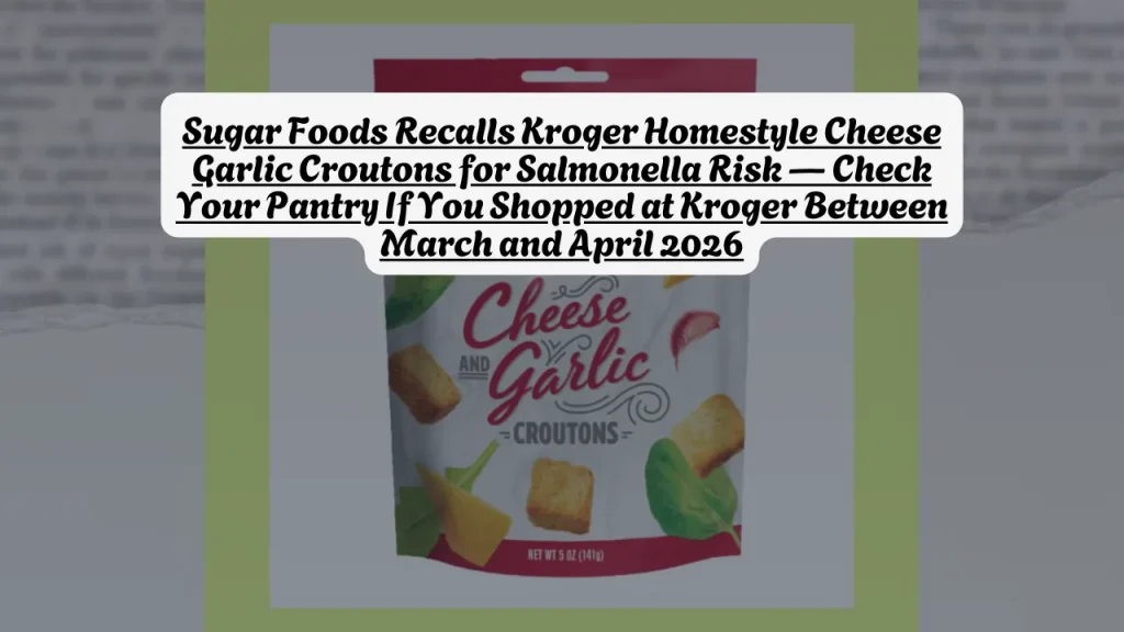Sugar Foods Recalls Kroger Homestyle Cheese Garlic Croutons for Salmonella Risk — Check Your Pantry If You Shopped at Kroger Between March and April 2026 1 Sugar Foods Recalls Kroger Homestyle Cheese Garlic Croutons for Salmonella Risk — Check Your Pantry If You Shopped at Kroger Between March and April 2026